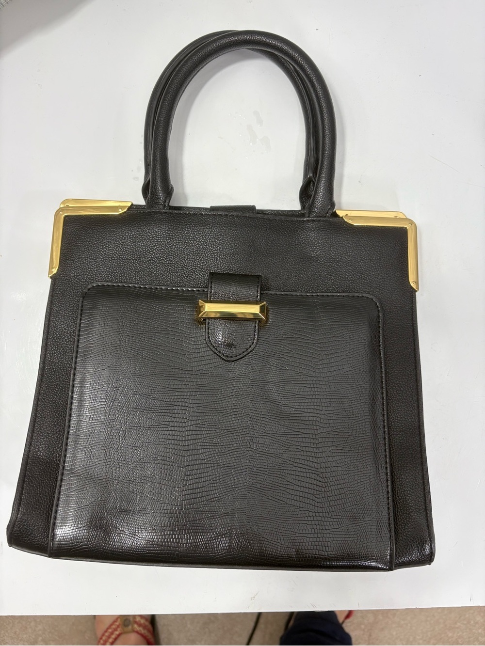 Snob Essentials Classic Black Structured Top-Handle Bag with Gold Accents